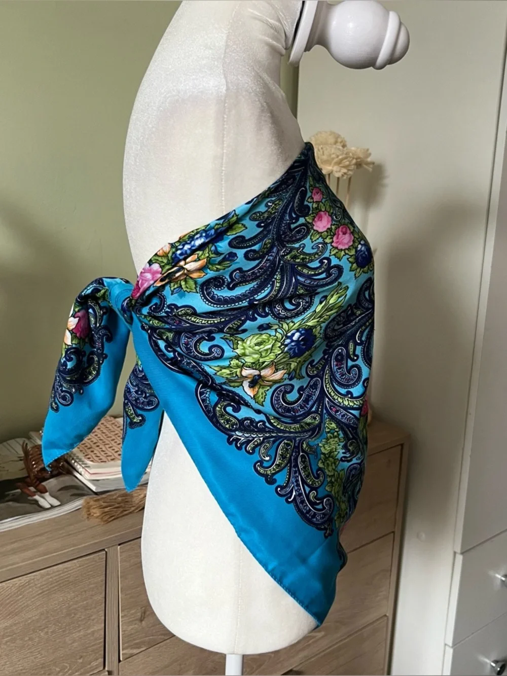 Turquoise Blue Colorful Floral Paisley Multi-Use Scarf Head-Covering Accessory